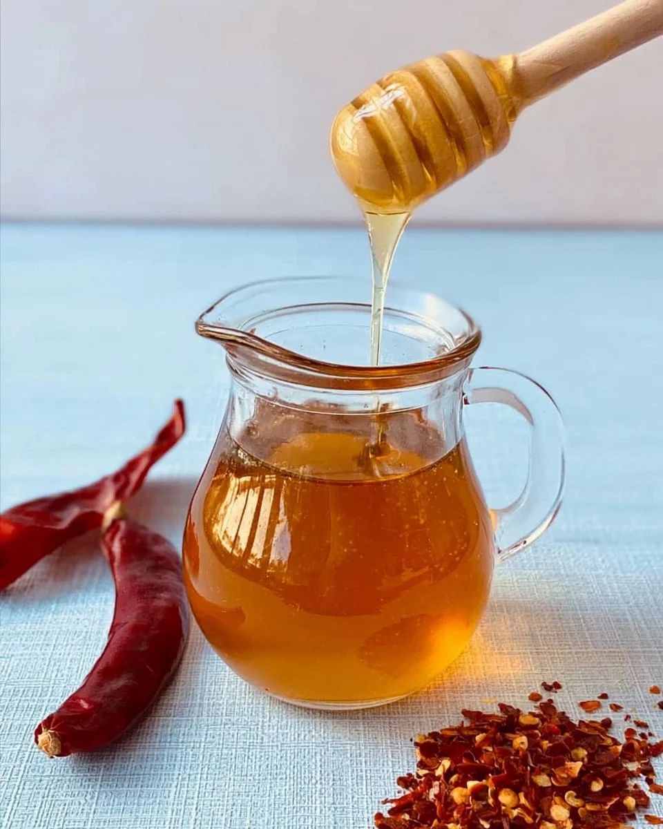 Jar of homemade hot honey with chili peppers and honeycomb