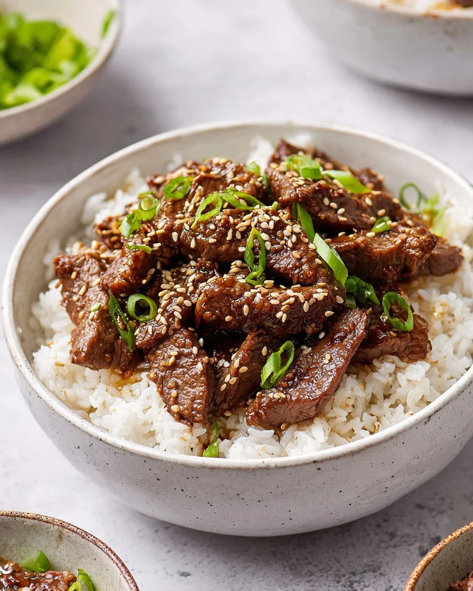 Delicious homemade Korean Beef served with rice and vegetables