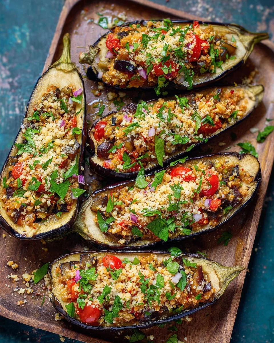 Mediterranean stuffed eggplant with savory ingredients in a baking dish