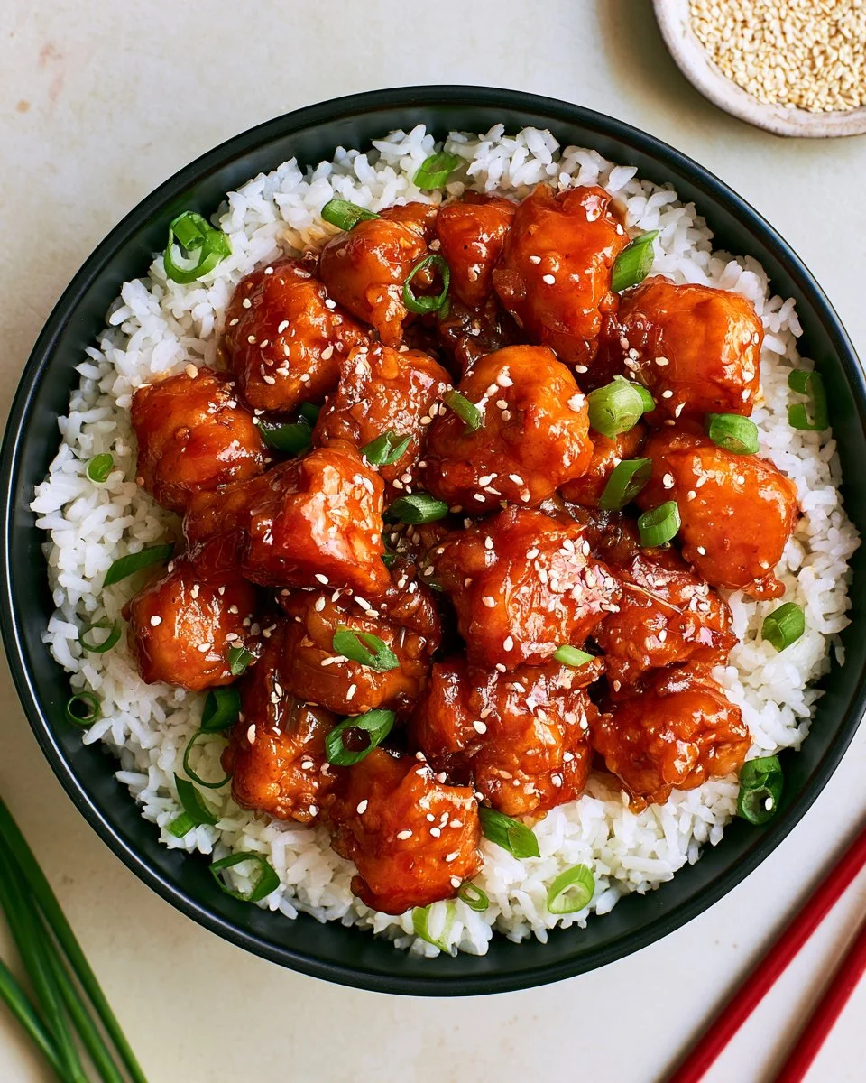 Delicious easy orange chicken served with rice and garnished with sesame seeds
