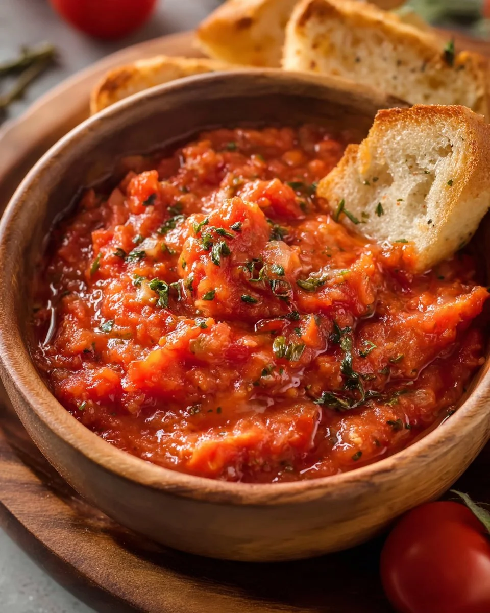 Bowl of easy tomato dip with fresh vegetables for dipping