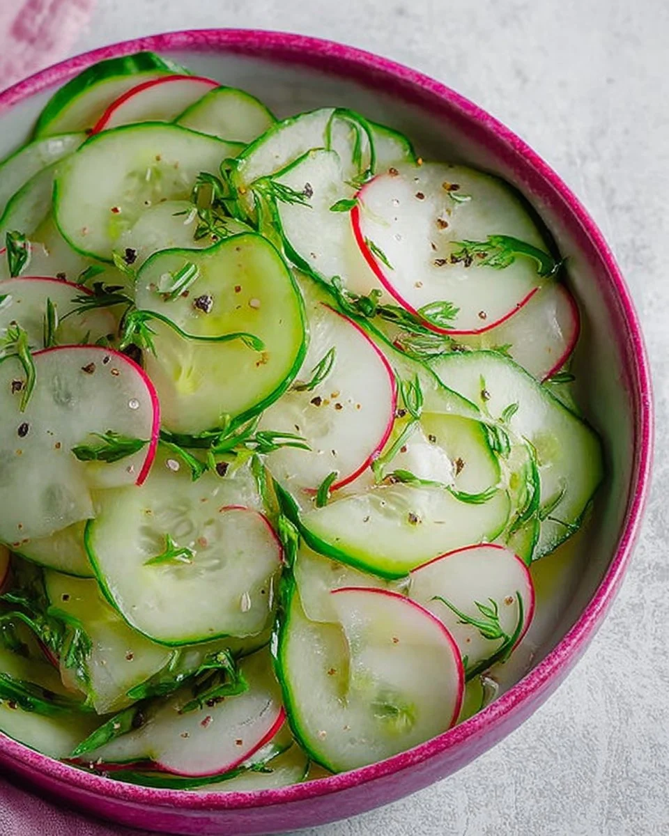 Fresh vinegar cucumber salad with a bright dressing and vegetables