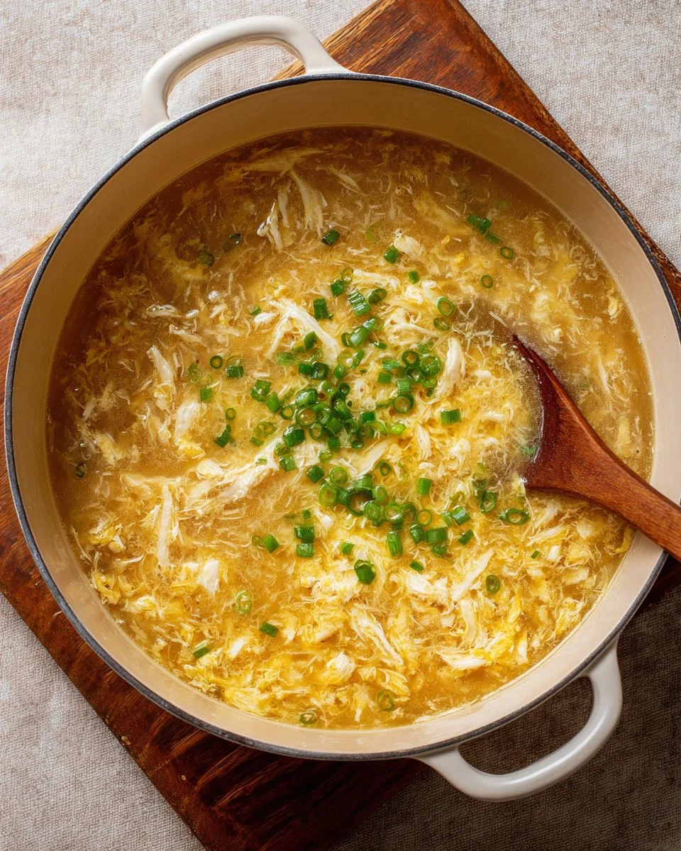 A bowl of delicious Egg Drop Soup with eggs and green onions.