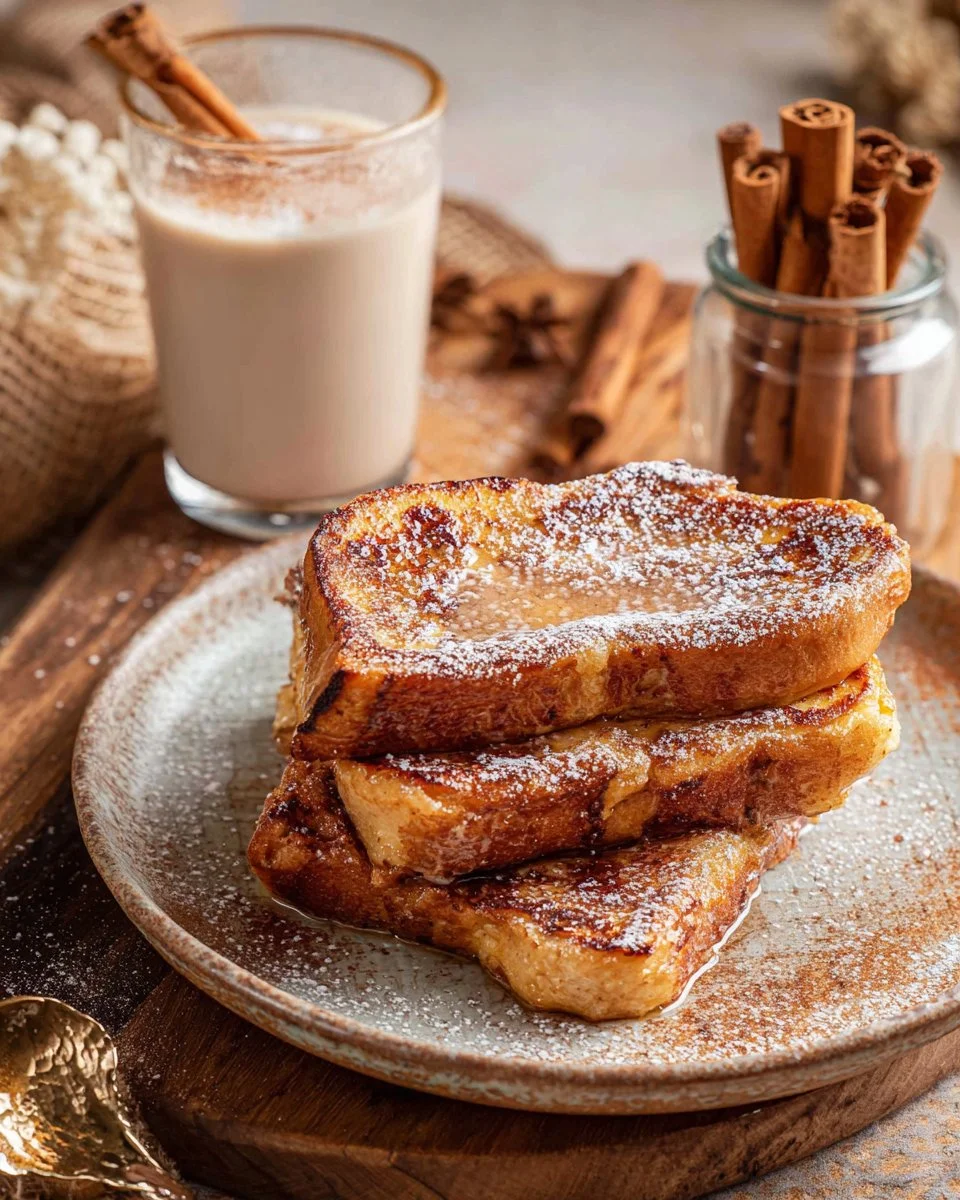 A plate of Eggnog French Toast topped with powdered sugar and festive decorations.