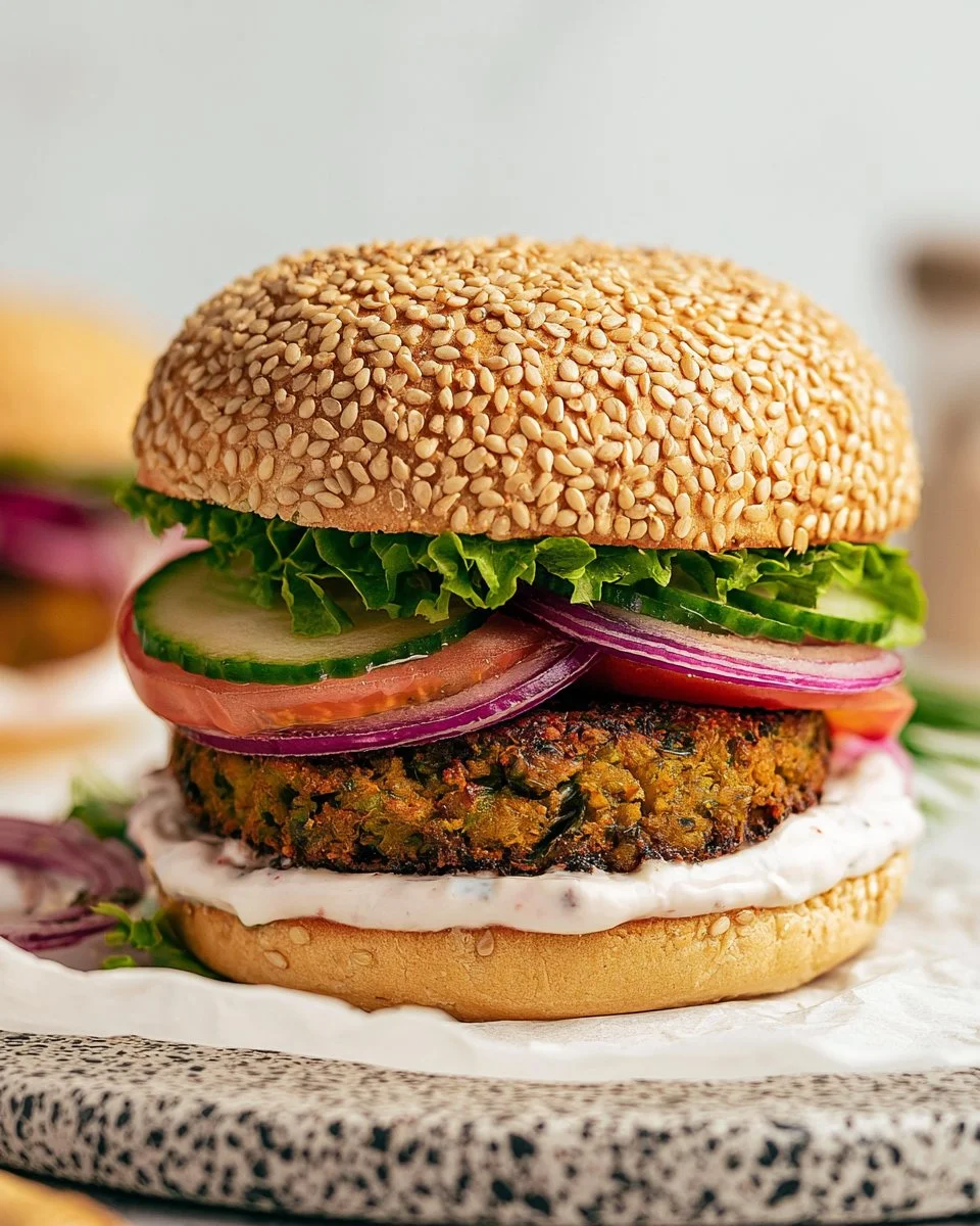 Falafel burger served with fresh toppings and a side of salad