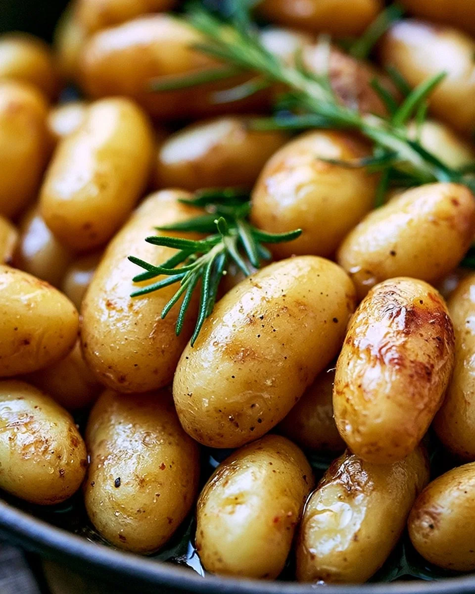 Roasted fingerling potatoes with rosemary on a rustic plate