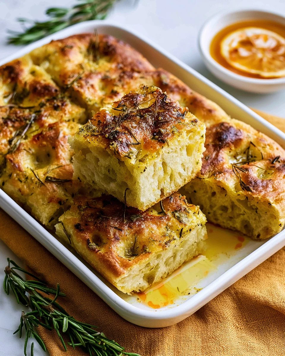 Freshly baked focaccia bread topped with herbs and olive oil