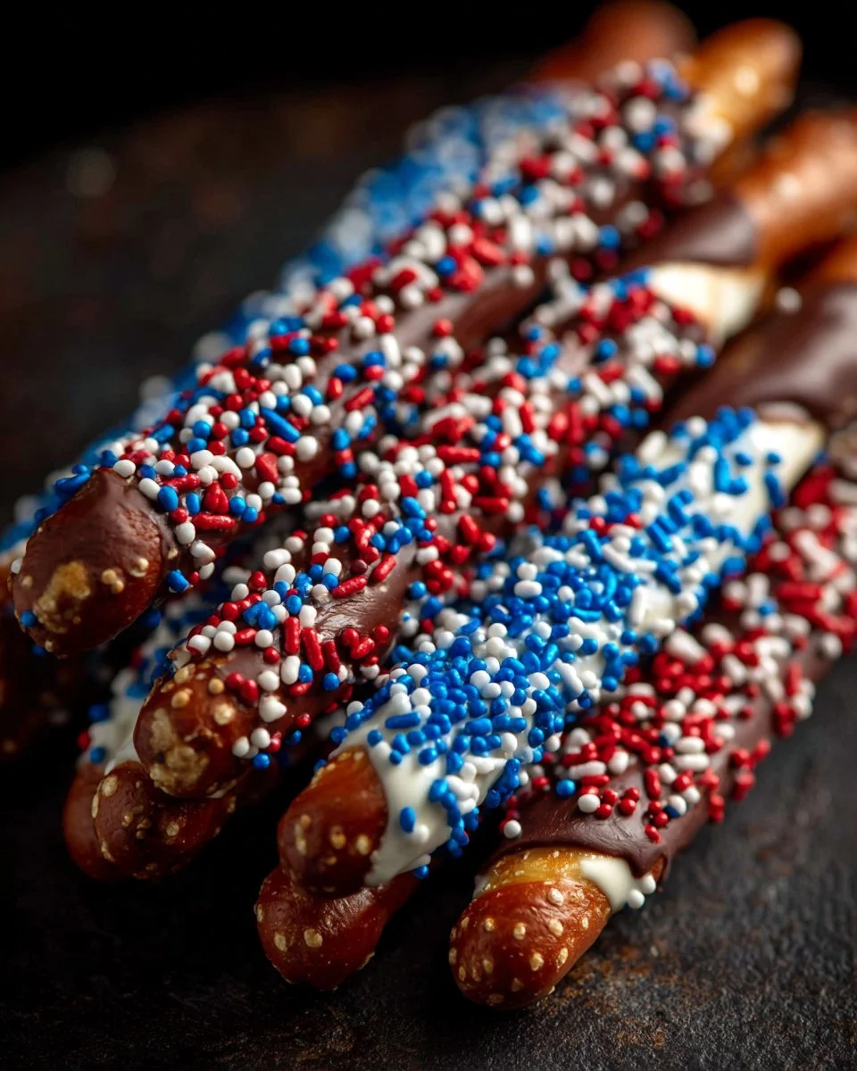 Fourth of July themed pretzel rods decorated with red, white, and blue chocolate.