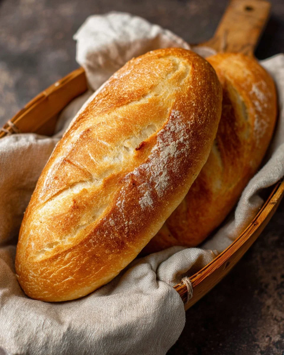 Freshly baked French bread loaves ready to be served.