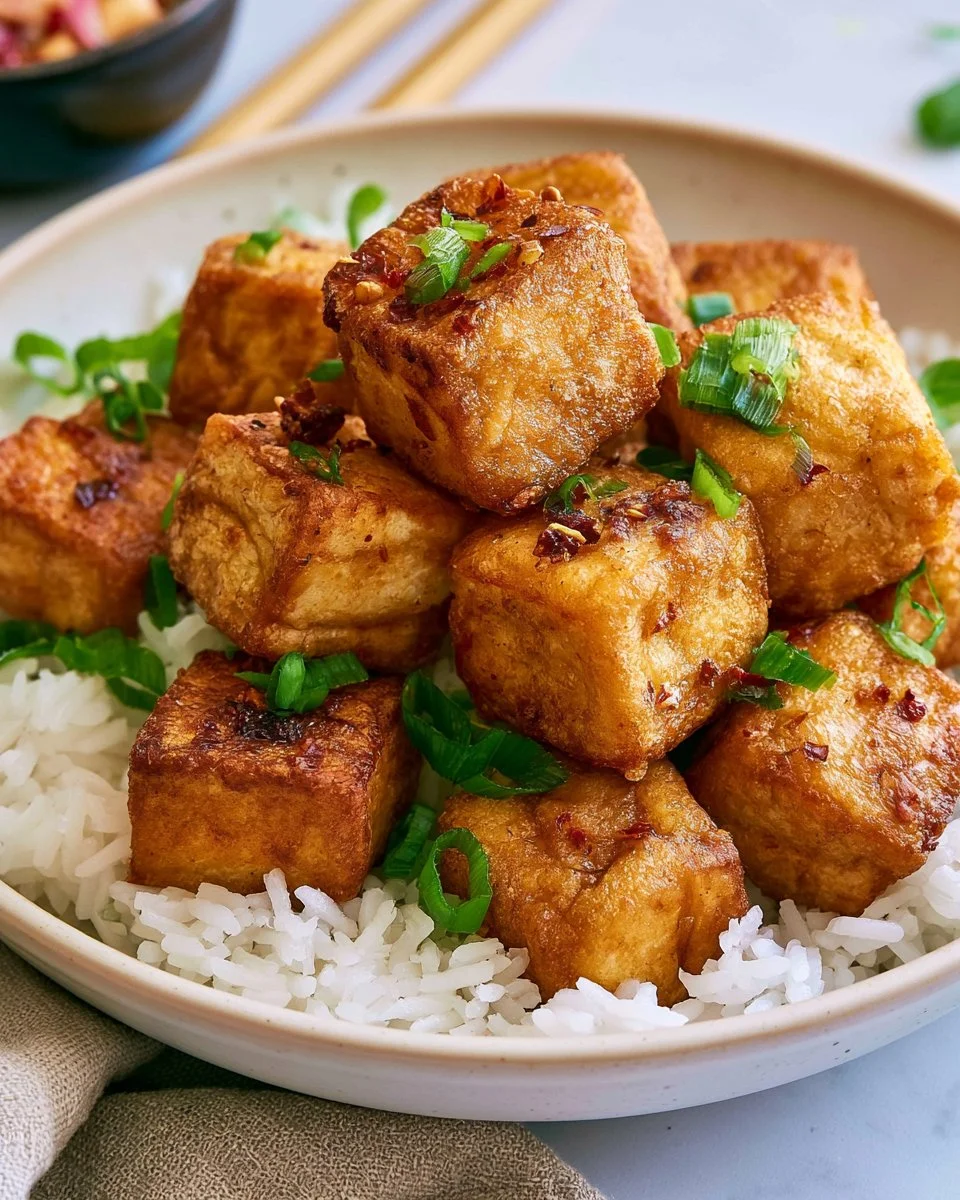 Crispy fried tofu served with dipping sauce and garnishes