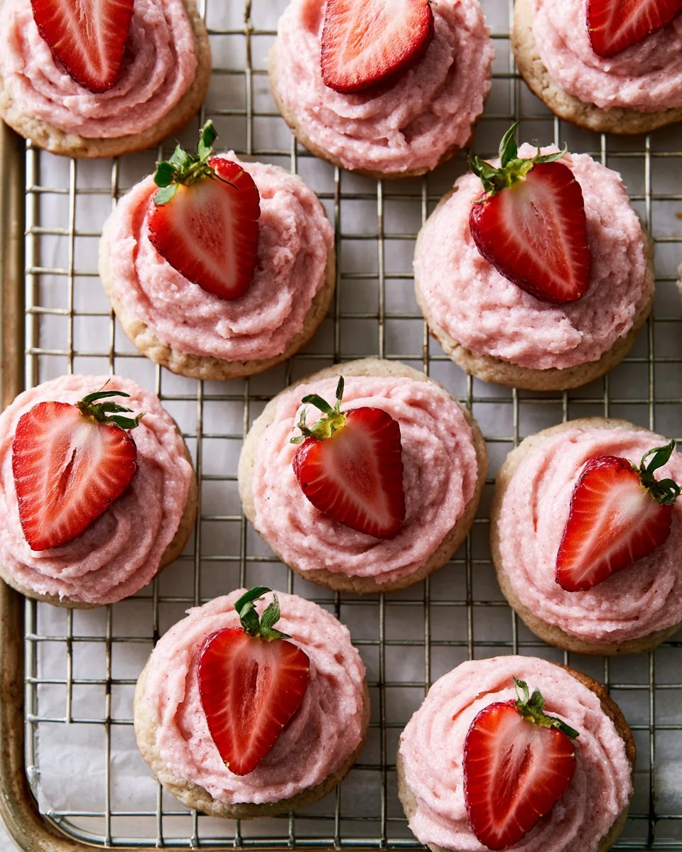 Delicious frosted strawberry cookies with pink frosting on a white plate