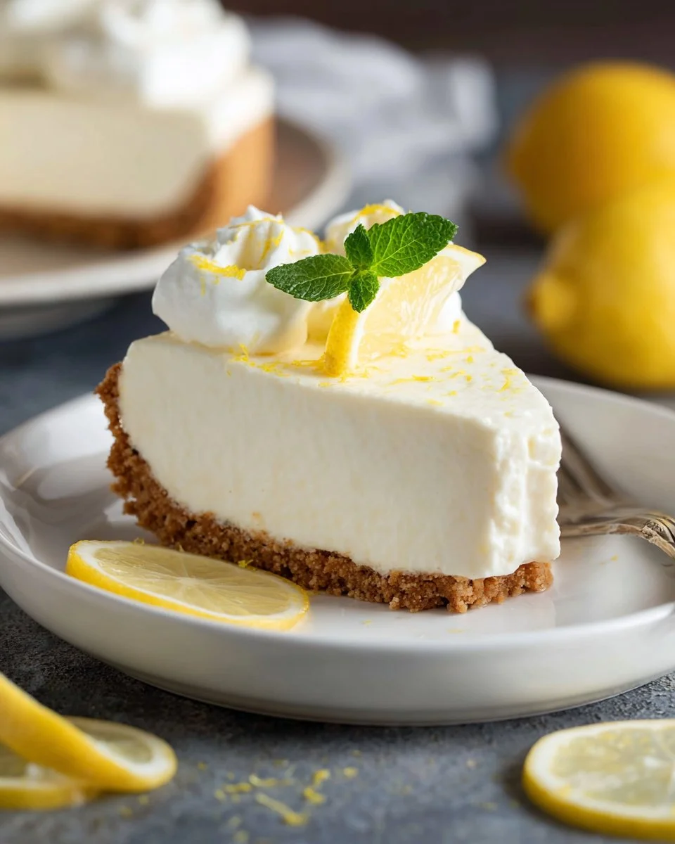 Delicious slice of frozen lemon pie garnished with lemon zest and mint leaves