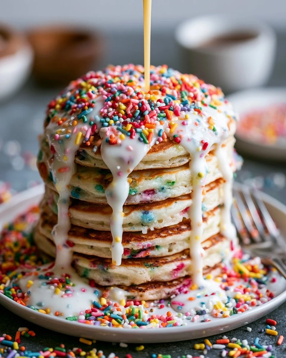 Fluffy Funfetti Pancakes topped with sprinkles and syrup on a plate
