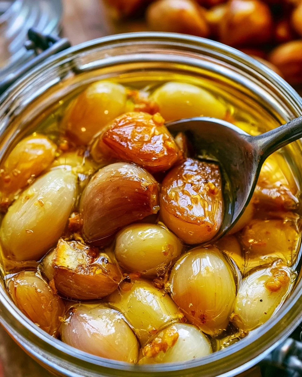 A jar of homemade garlic confit with soft garlic cloves submerged in oil.