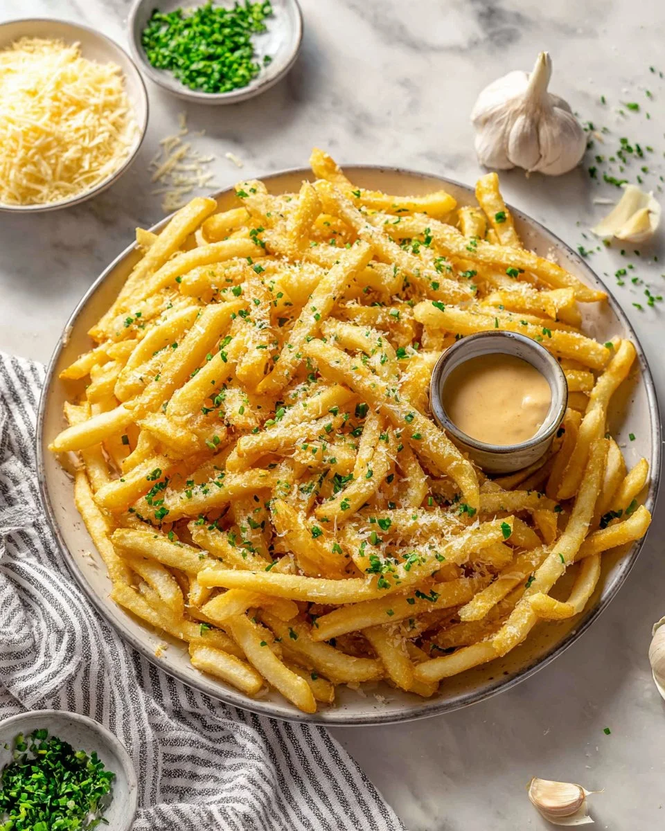 Delicious garlic fries topped with fresh herbs and served in a bowl