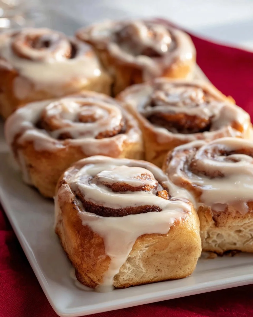 Freshly baked Gingerbread Cinnamon Rolls topped with icing and spices.