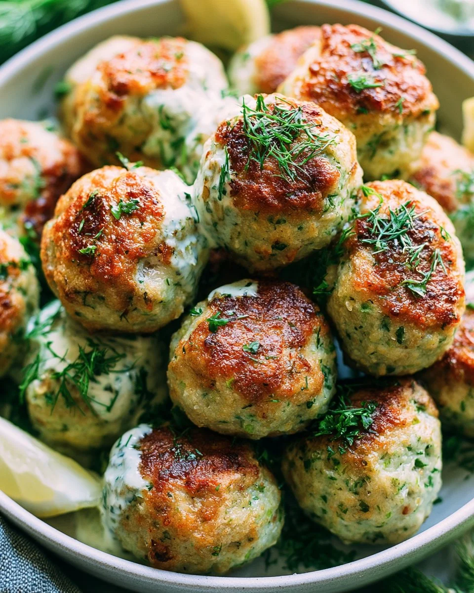 Delicious Green Goddess Meatballs garnished with fresh herbs and sauce