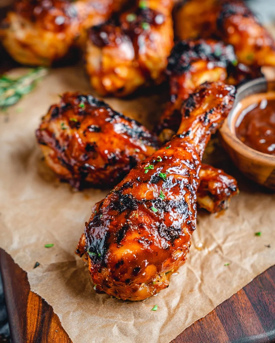 Grilled BBQ chicken drumsticks garnished with herbs on a rustic plate