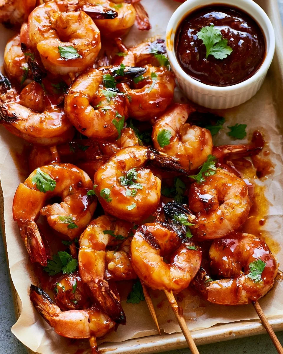 Delicious grilled BBQ shrimp skewers served on a platter