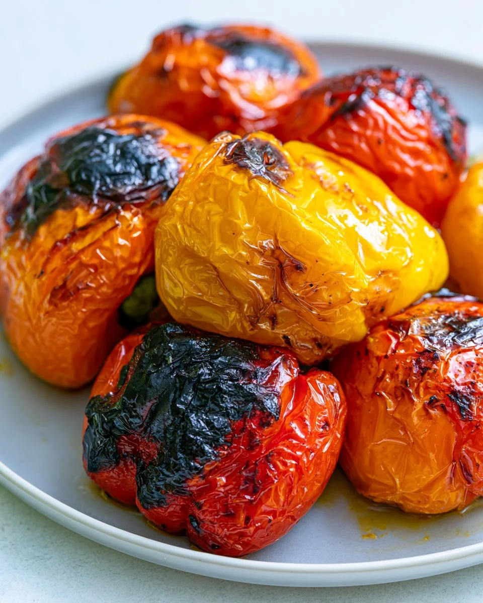 Colorful grilled bell peppers on a plate, ready to serve.