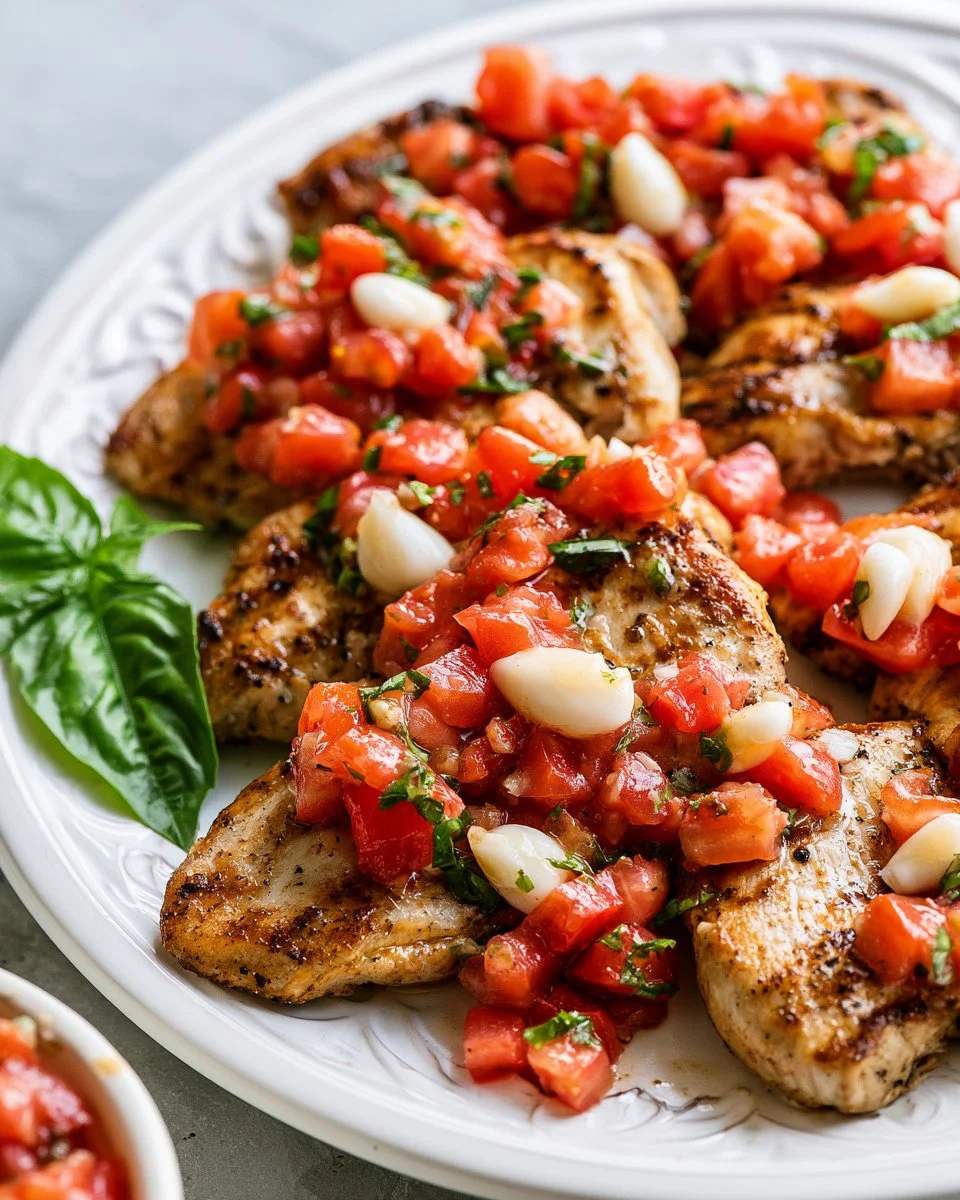 Delicious Grilled Bruschetta Chicken topped with fresh tomatoes and basil