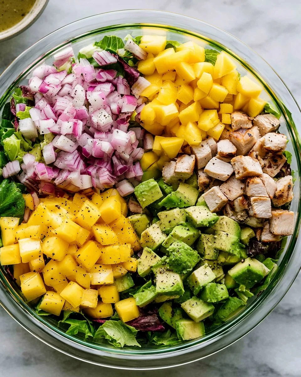 Fresh Grilled Chicken Avocado Mango Salad with vibrant ingredients