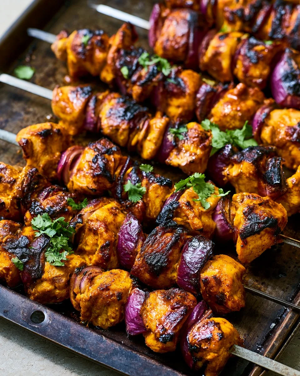 Delicious grilled chicken kabobs served on a skewer with colorful vegetables.