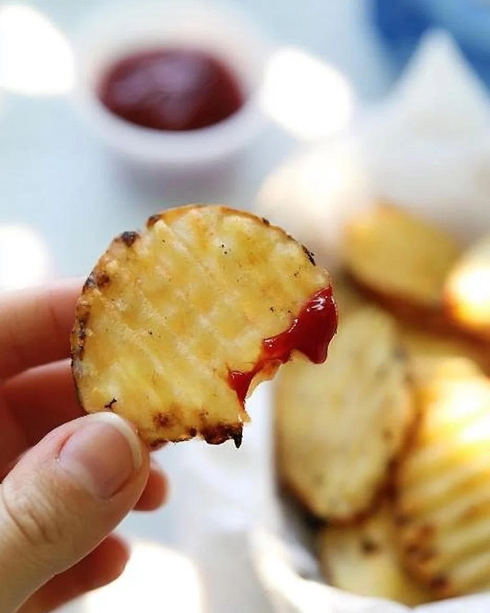 Delicious grilled potato slices on a plate, garnished with herbs.