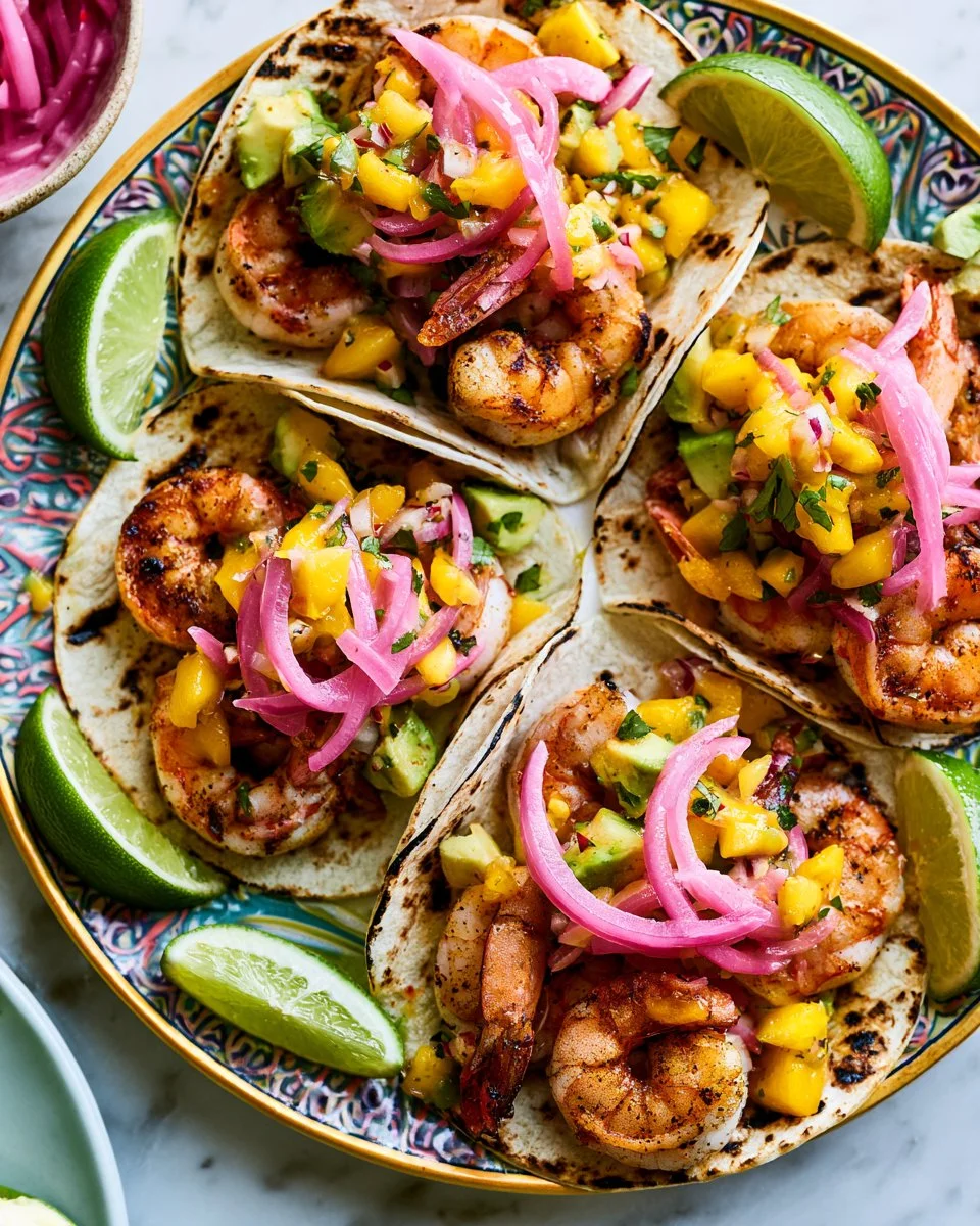 Delicious grilled shrimp tacos served with fresh peach salsa.