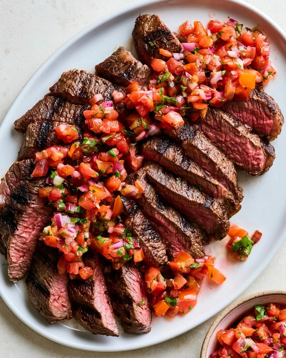 Grilled steak served with tomatoes, red onion, and balsamic drizzle