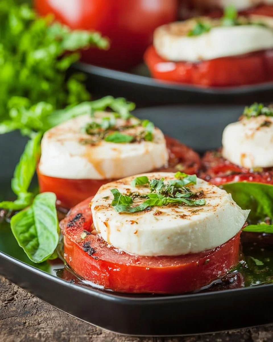 Delicious grilled tomatoes topped with melted mozzarella cheese.