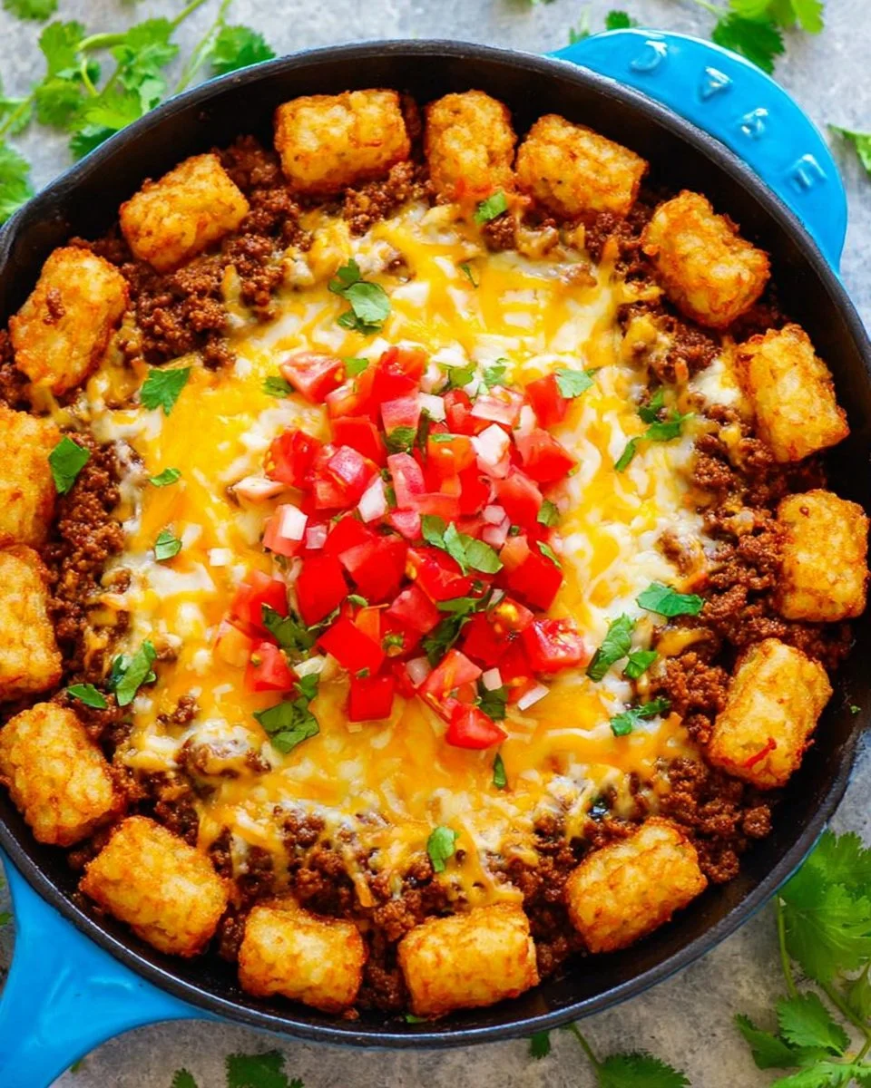 Plate of Ground Beef Totchos topped with cheese and garnishes