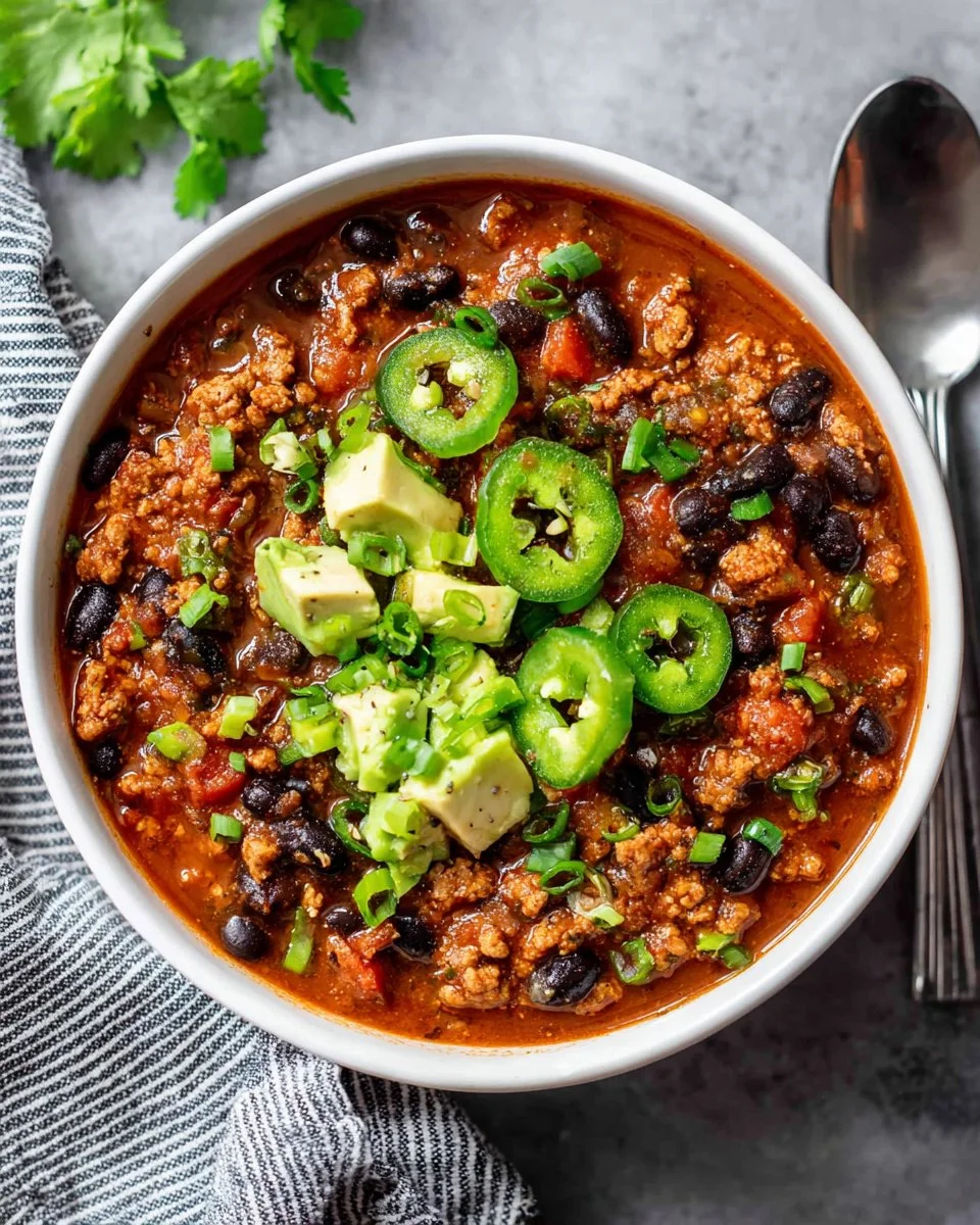 A bowl of hearty ground turkey chili topped with fresh ingredients
