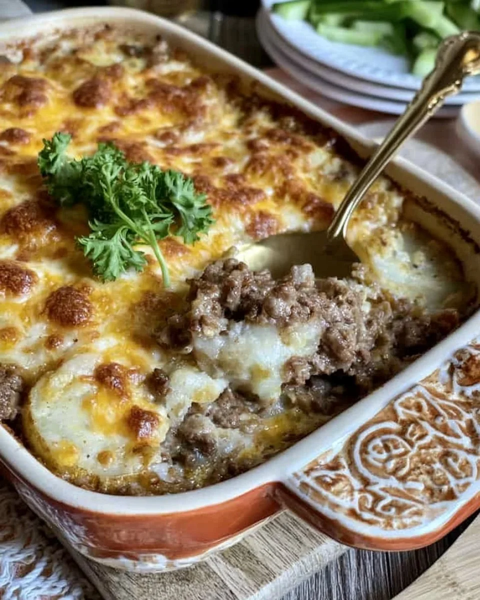Delicious Hamburger Potato Casserole served in a baking dish