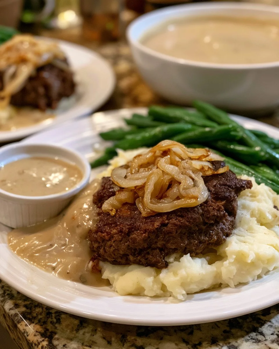 Delicious hamburger steaks topped with rich onion gravy