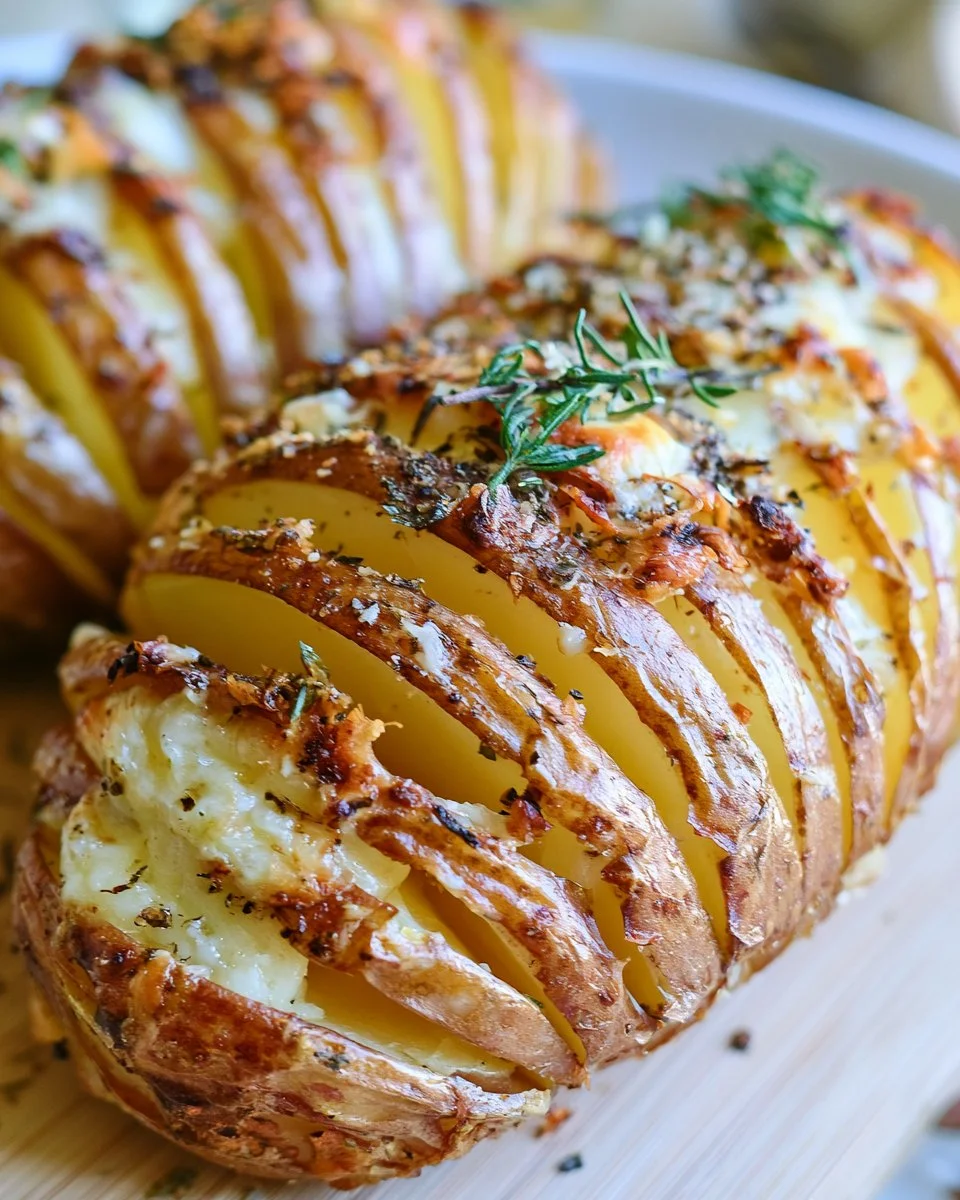 Delicious Hasselback Potatoes baked with cheese for a crispy and cheesy flavor.