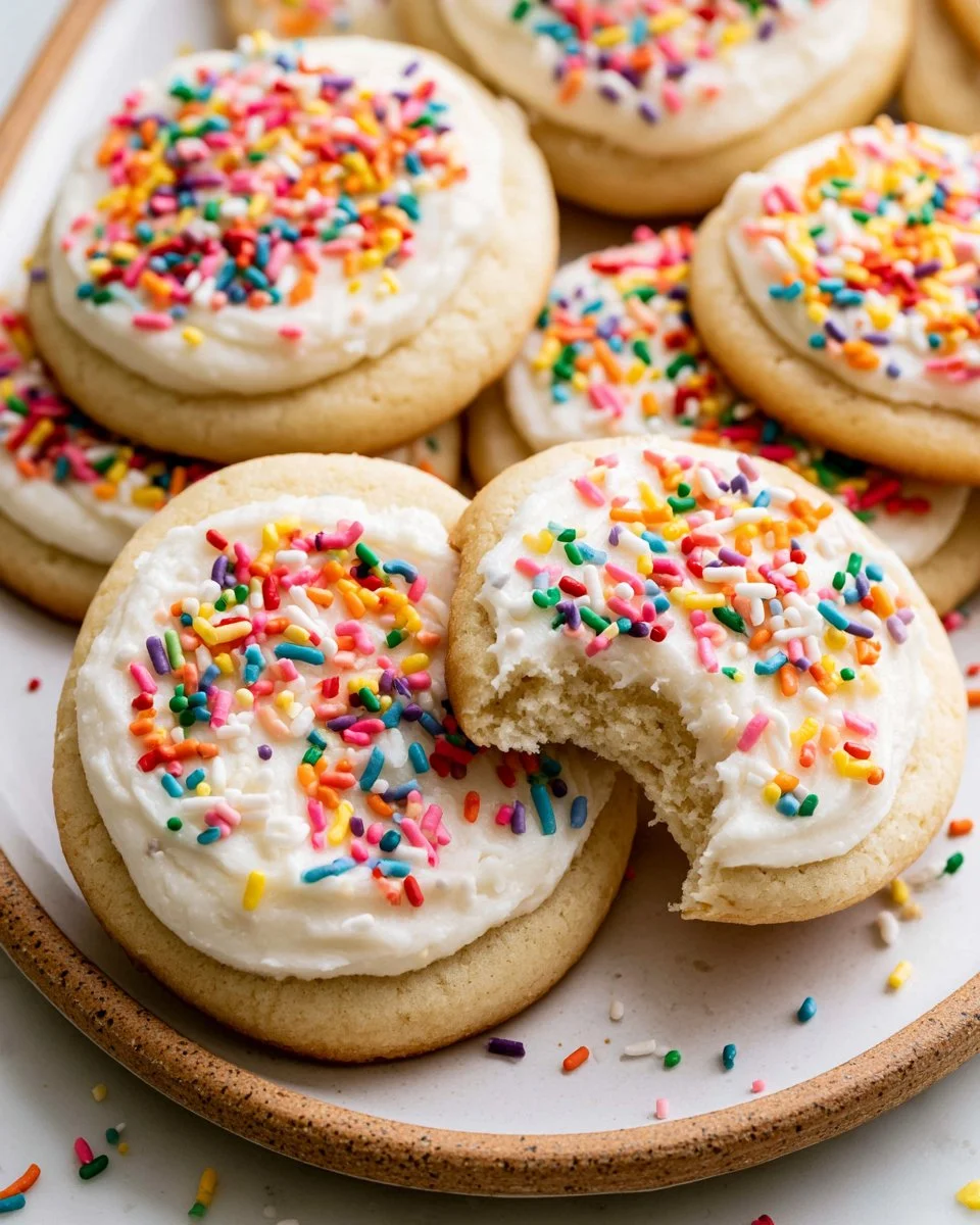 A plate of healthier Lofthouse cookies with colorful frosting and sprinkles