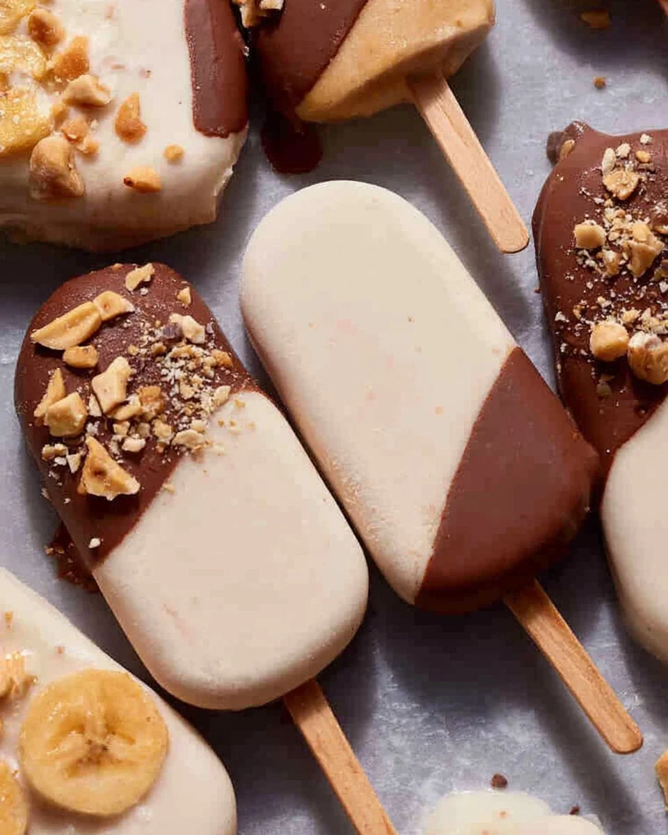 Delicious homemade healthy banana popsicles on a wooden stick.