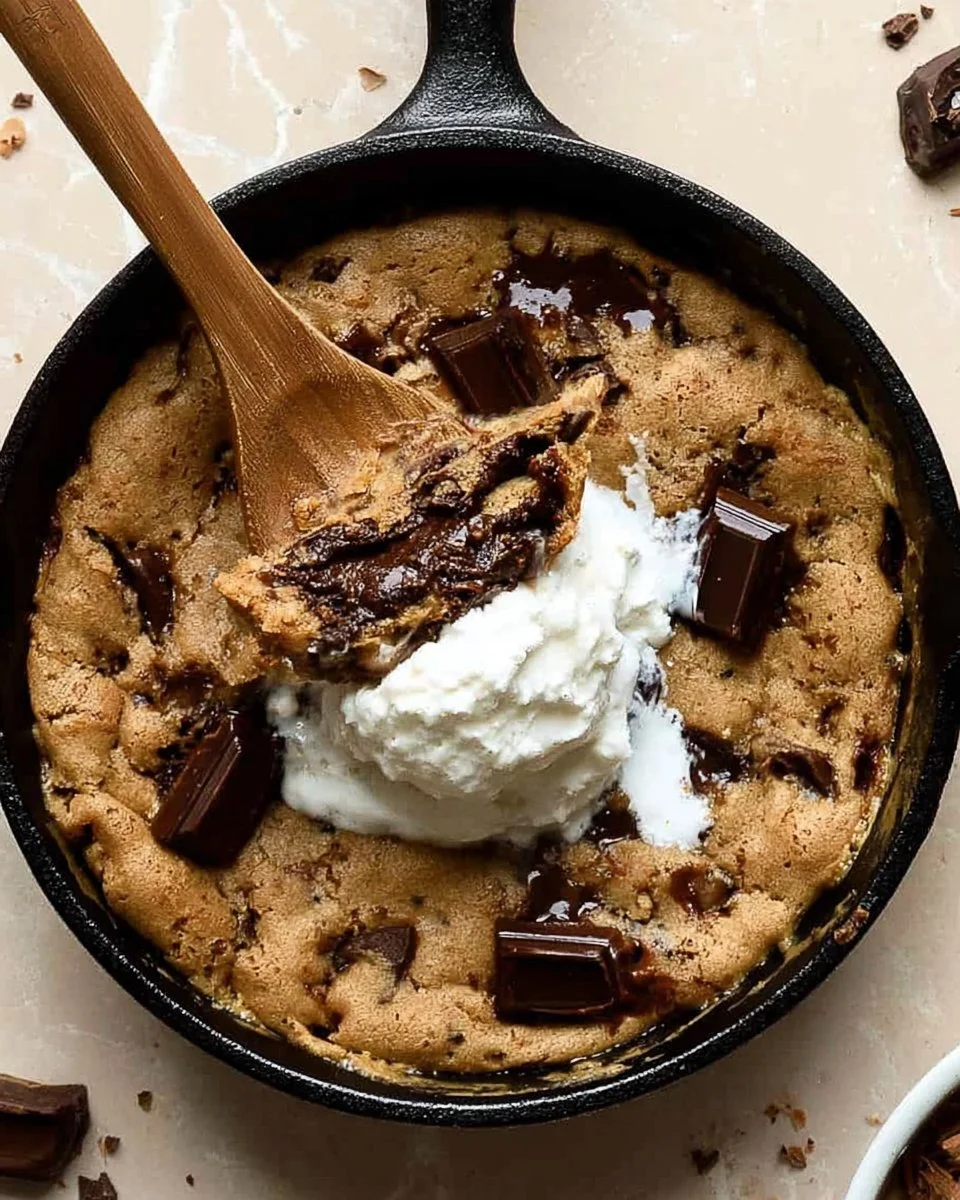 Delicious healthy gooey cookie skillet served in a cast iron pan