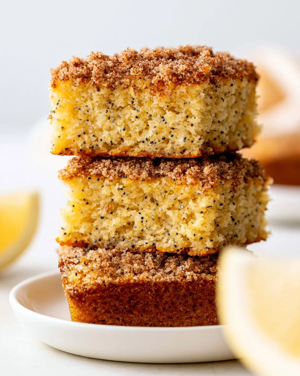 Delicious healthy lemon poppy seed crumb cake on a plate.