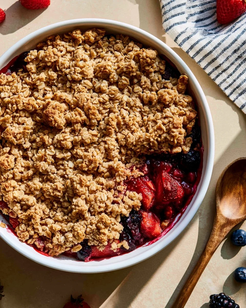 Healthy mixed berry crumble topped with oats and served in a rustic dish