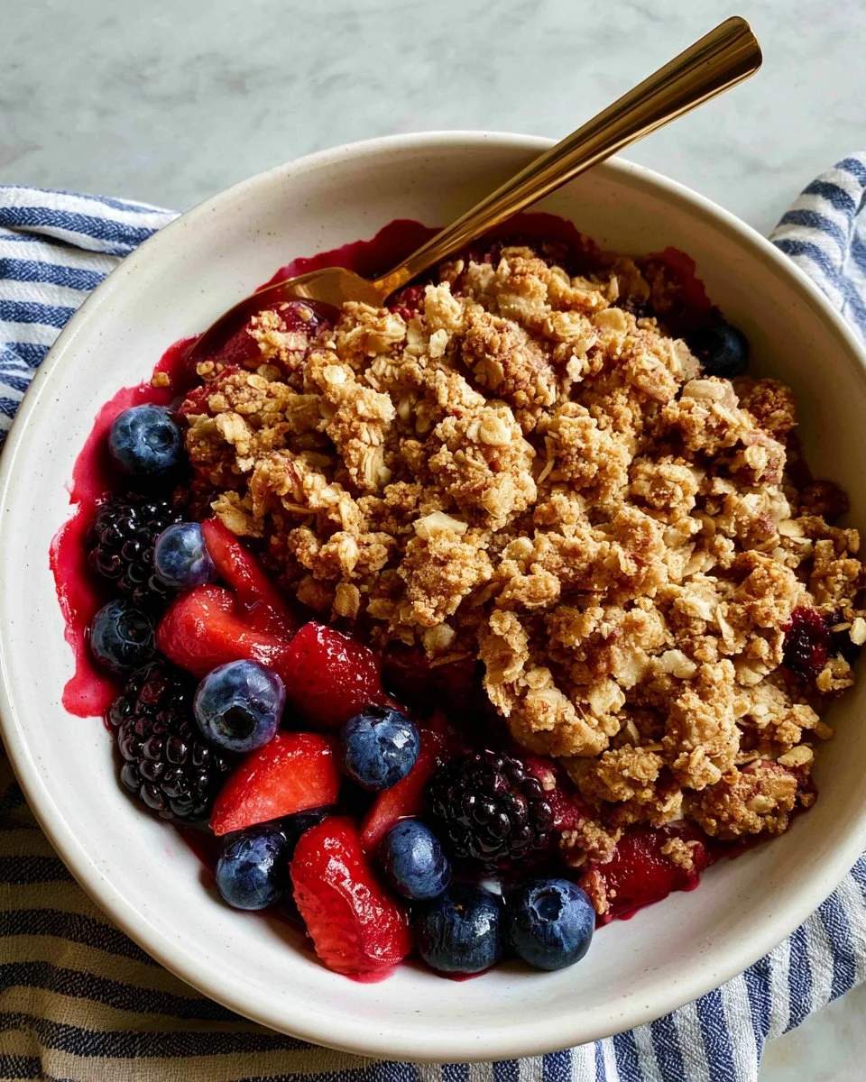 Healthy mixed berry crumble topped with oats and nuts served in a bowl