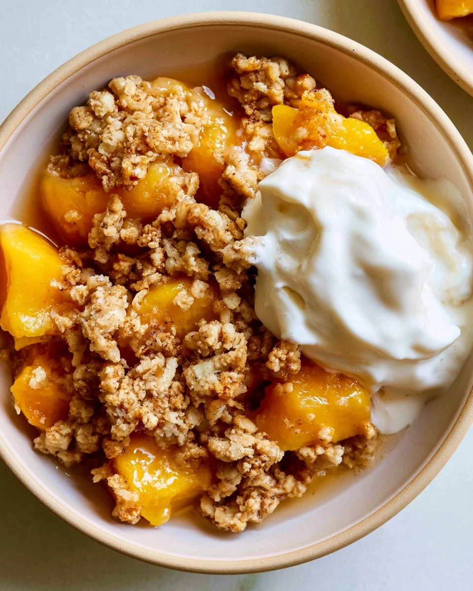 Delicious healthy peach crisp served in a bowl with fresh peaches