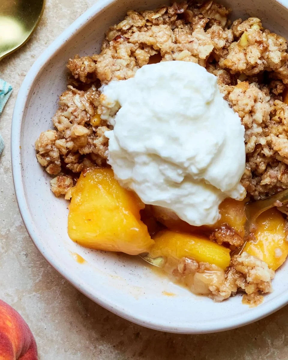 Healthy peach crisp dessert with fresh peaches and wholesome ingredients.