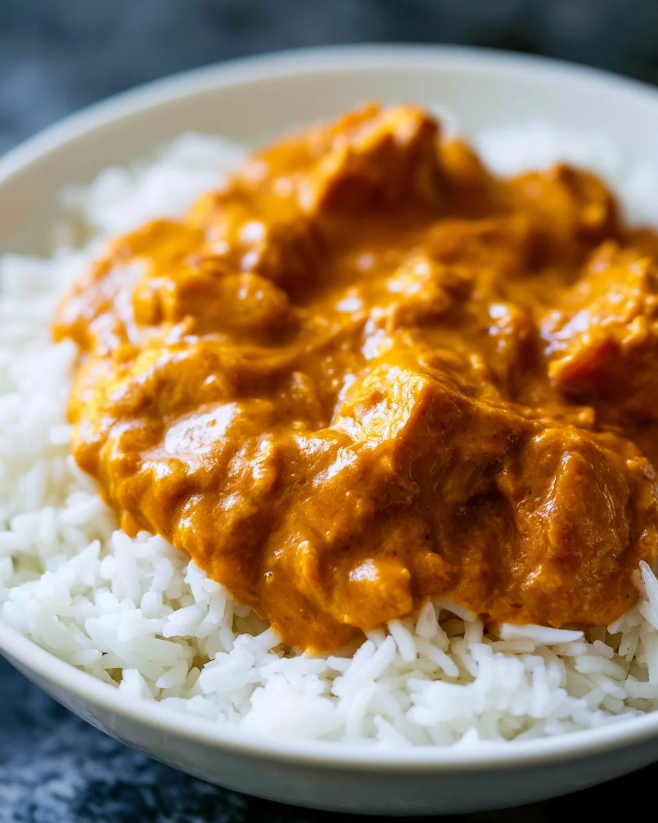 Healthy Slow Cooker Butter Chicken served with rice and garnished with cilantro