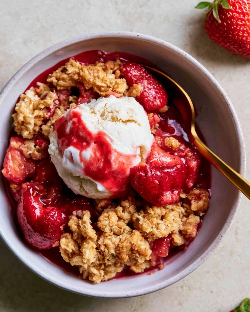 Healthy strawberry crumble dessert topped with oats and almonds.
