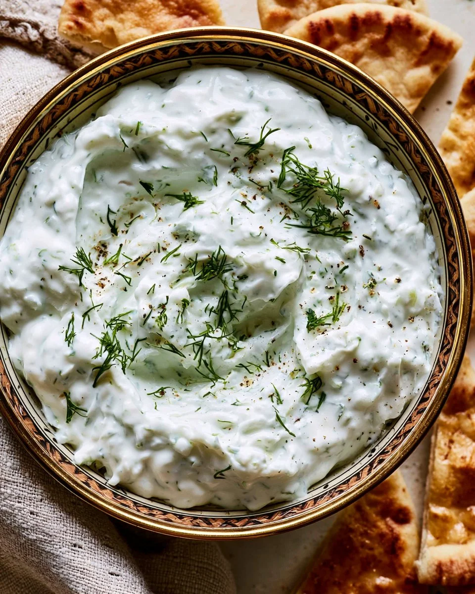 Healthy low-fat tzatziki sauce served in a bowl with fresh vegetables.