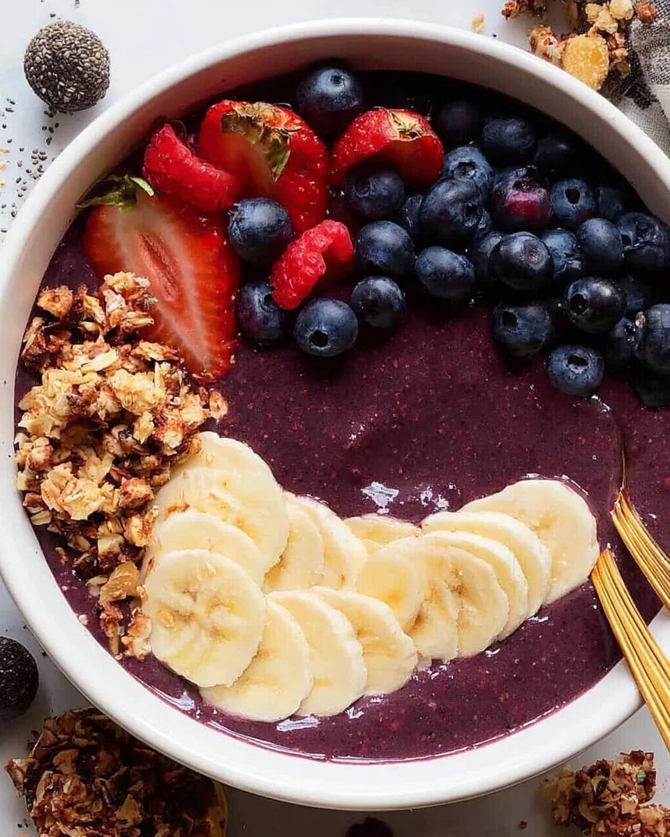 Delicious high-protein acai bowl topped with fresh fruits and granola