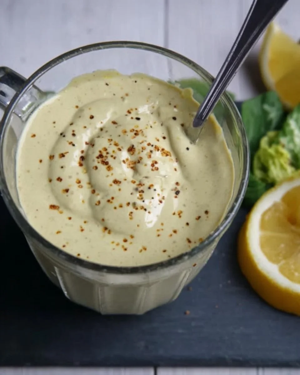 High protein vegan tofu caesar dressing in a glass jar with fresh ingredients.