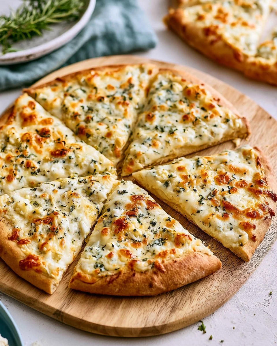 High protein white pizza topped with cheese and fresh ingredients